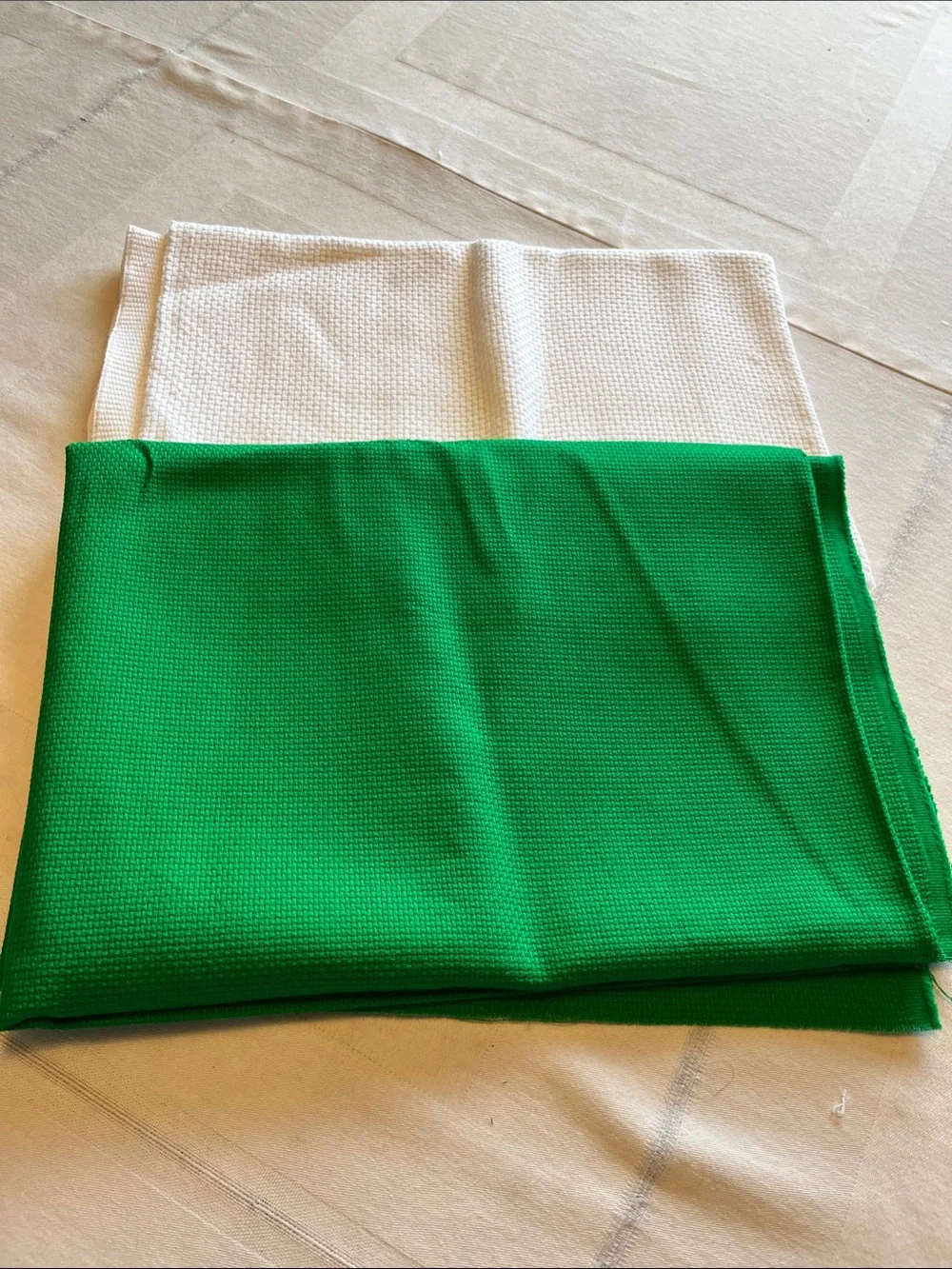 Two Green and White Waffle-Knit Textured Fabrics and 5 Unfinished Cloths